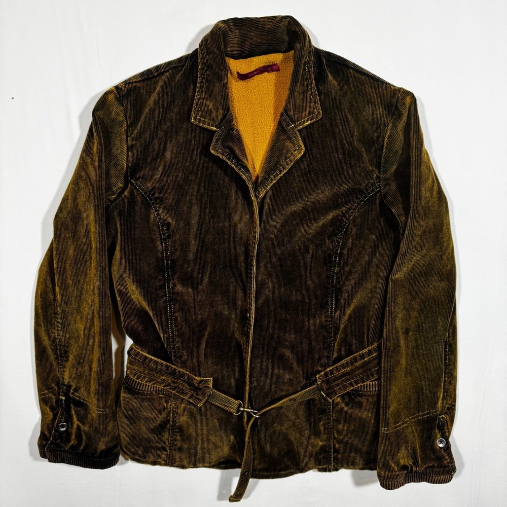 Vintage Y2K Corduroy Jacket Belted Fleece Warm Olive L Academia Steampunk Grunge - Picture 10 of 16
